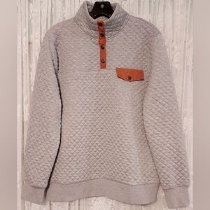 Doe & Rae Quilted Pullover Sweatshirt Women's Size L Gray and Caramel